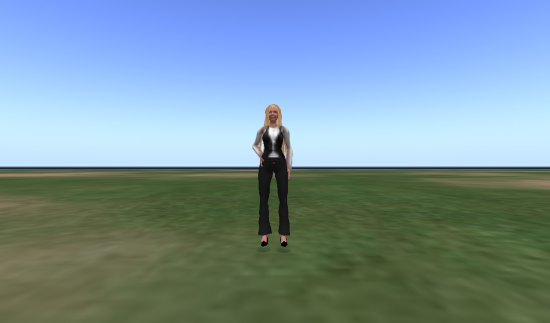 My ReactionGrid avatar on my Trombly Ltd region -- buildings to come soon. I'm wearing hair and shoes from OSGrid, clothing from ReactionGrid. 