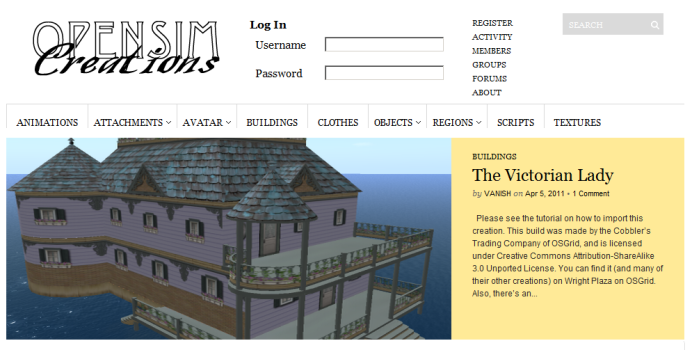 The old OpenSim Creations home page.