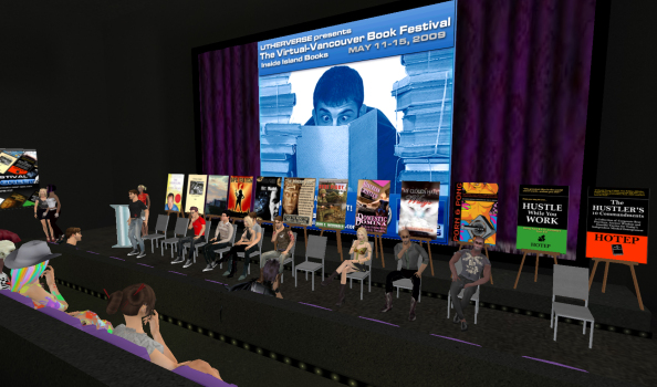 A meet-and-greet with ten authors at the Virtual Vancouver Book Festival in May of 2012. (Image courtesy Utherverse.)