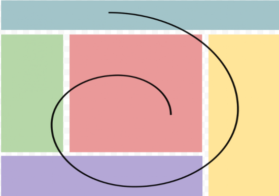 A website is typically laid out in blocks that follow a spiral pattern. Each new block divides the remaining area into unequal halves or, sometimes, thirds. The eye is automatically drawn to the center of the spiral.