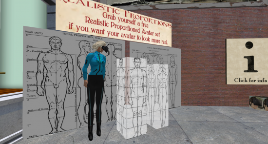 Screen shot of my SL avatar in Berlin, about to enter real world scale section. (Image courtesy Ann Latham Cudworth.)