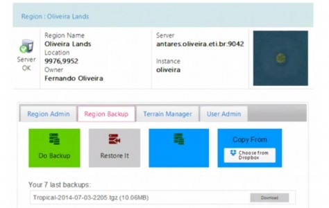 Oliveira's management panel allows for easy region backups and restores.