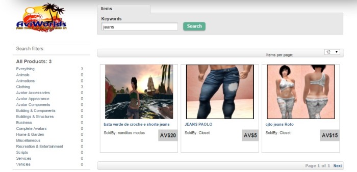 The AviWorlds Marketplace currently lists three pairs of jeans.